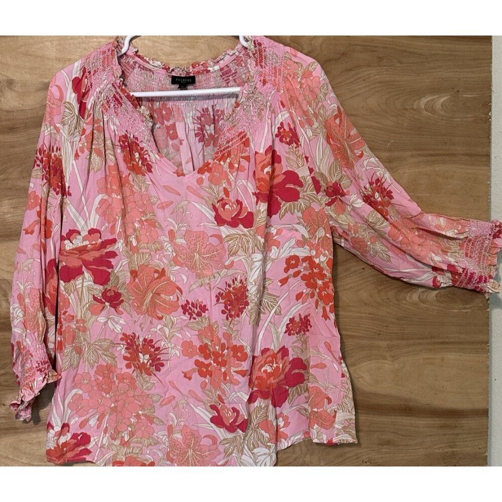 Talbots Women’s Plus 1X Pink Floral Flowy Smocked Pull-on Blouse